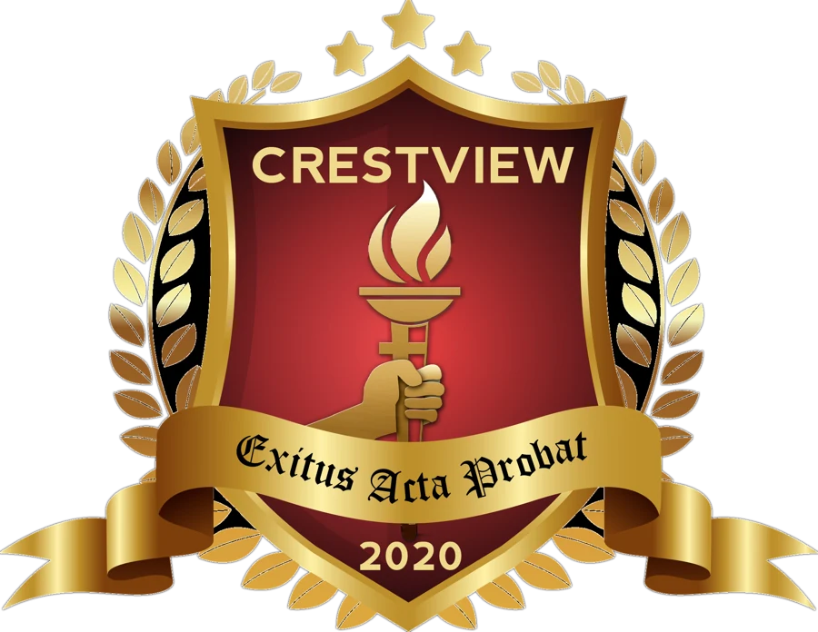The Crestview International School crest: a red and gold shield with a torch and an open book, three stars above, a laurel wreath around it and a gold ribbon reading Exitus Acta Probat, 2020