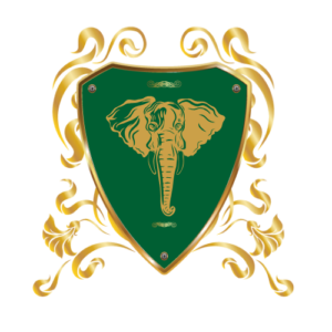 Emblem of the House of Earthshakers: an elephant head on a green shield with gold scrollwork