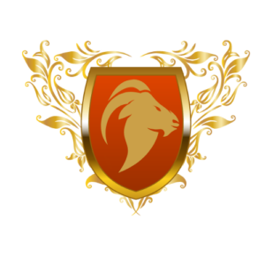 Emblem of the House of Mountainhearts: an ibex head on an orange shield with gold scrollwork