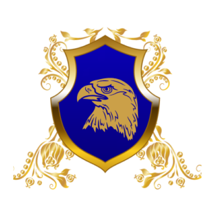 Emblem of the House of Stormchasers: an eagle head on a blue shield with gold scrollwork